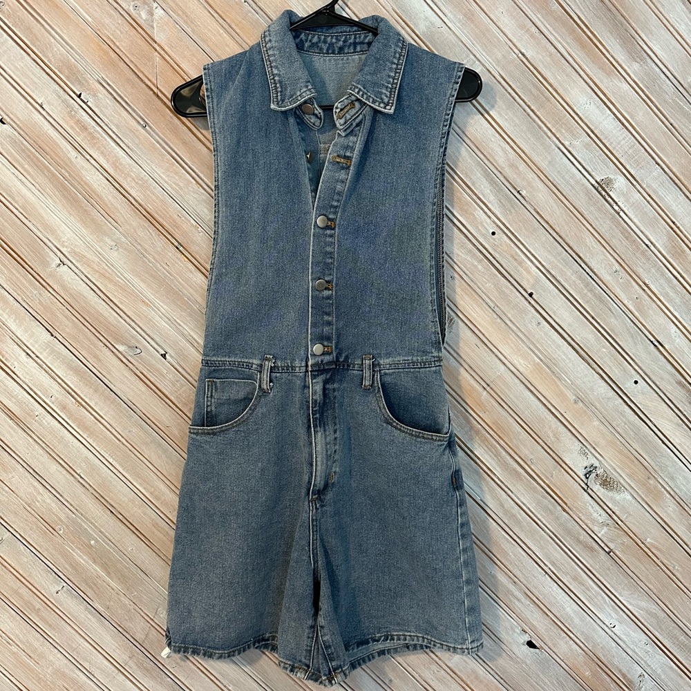 Light Blue Denim Outfit Romper Jumpsuit Button Up Collared Jean Shorts